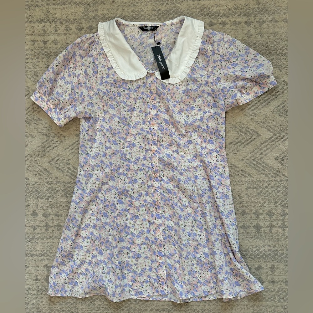 Allegra K Lavender Floral Short Sleeve Dress with White Peter Pan Collar